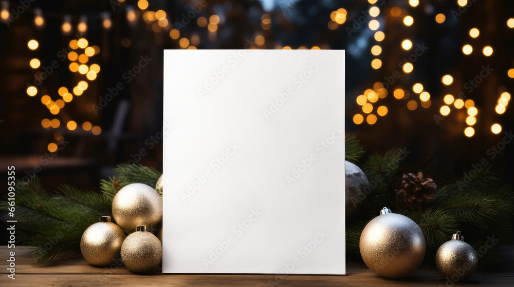 Christmas mockup white card template background with xmas festive seasonal decoration ornaments Generative AI Illustration - obrazy, fototapety, plakaty 