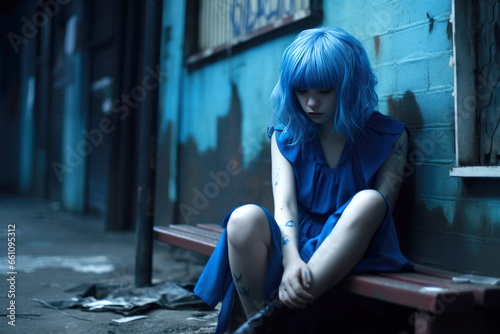 Blue monday concept. Depressed young girl sitting on the floor. Decadent style.