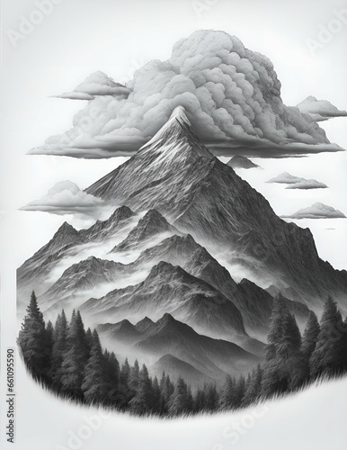 mountains, trees with clouds engraving style illustration © dian
