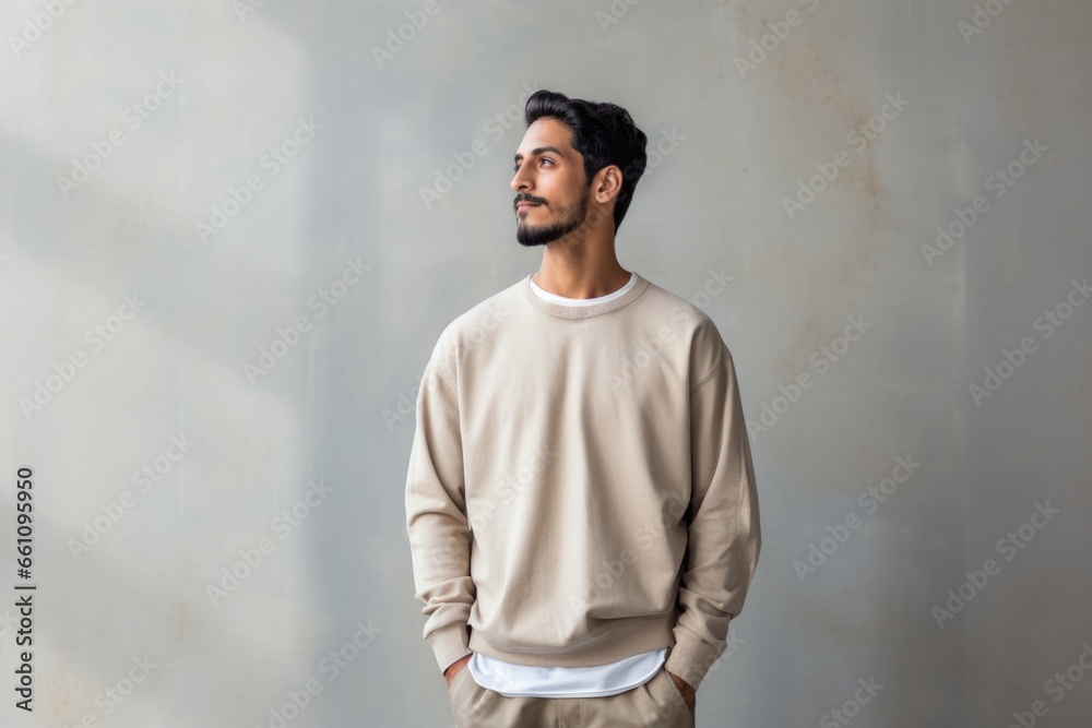 thinking with pensive expression against wall background. thinking with pensive expression against wall background.
