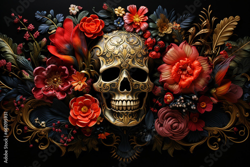 Human skull and flowers on a black background santa muerto mexican day traditional embroidery pattern generative AI