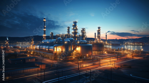 Panoramic view of gas turbine electrical power plant in twilight sky background  industry concept