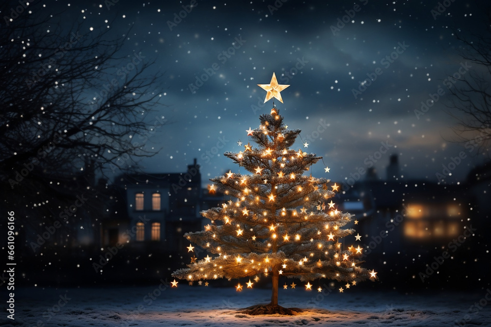 Glowing Christmas tree with star on top sparkles in the night Glowing Christmas tree with star on top sparkles in the night