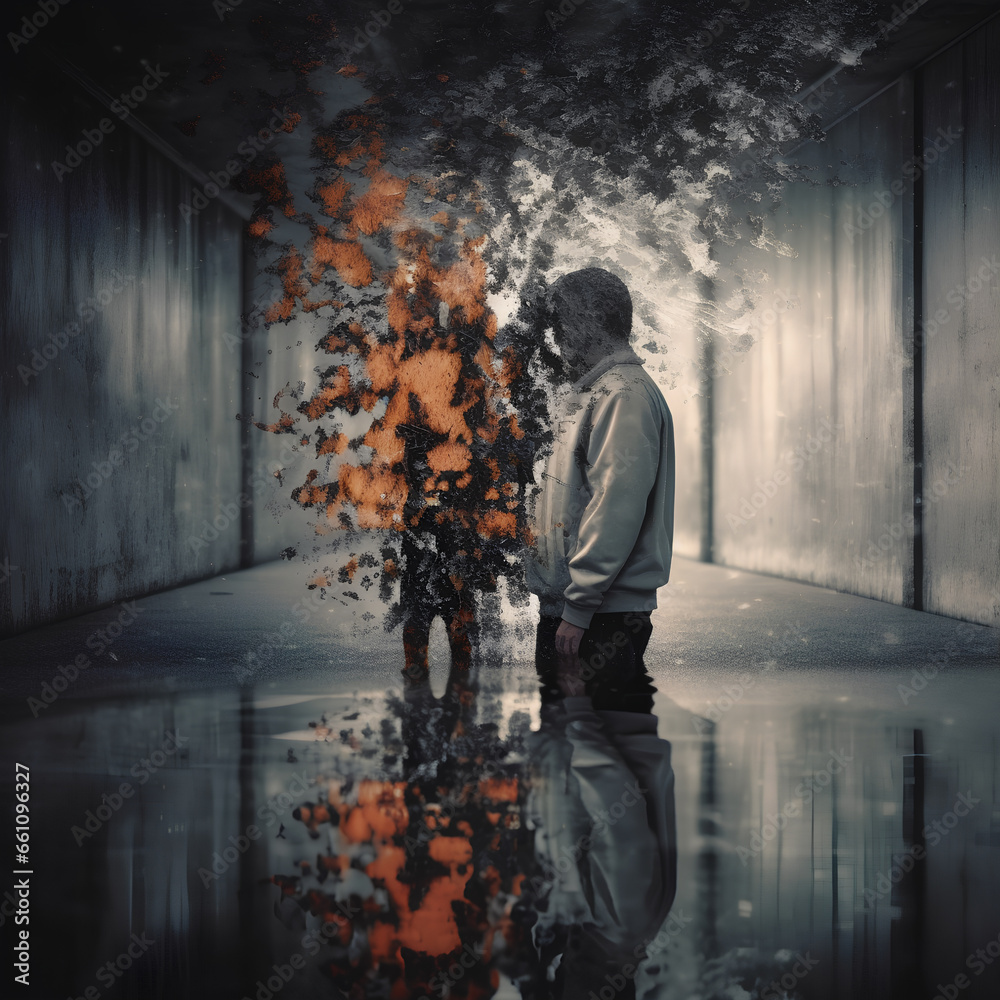 A man standing in dark empty area suffering from a severe depression/anxiety (graphic depiction of anxious thoughts swirling around him) A man standing in dark empty area suffering from a severe depression/anxiety (graphic depiction of anxious thoughts swirling around him)
