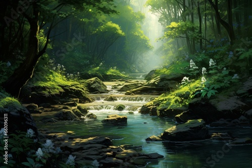 A serene river in a verdant landscape. Generative AI