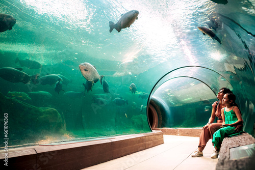 Smiling mother and daughter sitting on bench near aquarium glass wall with group of large carp fish photo