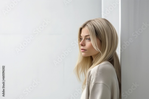 young woman thinking with pensive expression against wall background. 