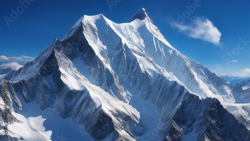 The mountainous majesty of towering mountains Snow-capped peaks, rugged cliffs and clear blue skies create a majestic landscape that evokes a sense of awe and wonder. Generative AI, Generative, AI © Evgenii