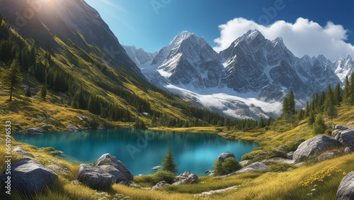 The mountainous majesty of towering mountains Snow-capped peaks, rugged cliffs and clear blue skies create a majestic landscape that evokes a sense of awe and wonder. Generative AI, Generative, AI