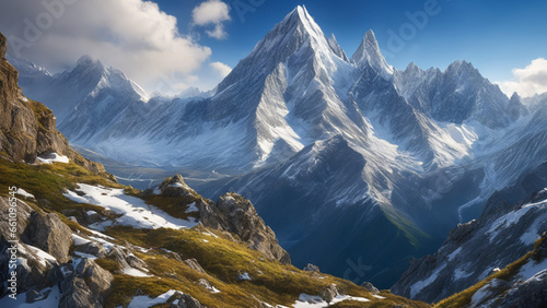 The mountainous majesty of towering mountains Snow-capped peaks  rugged cliffs and clear blue skies create a majestic landscape that evokes a sense of awe and wonder. Generative AI  Generative  AI