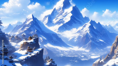 The mountainous majesty of towering mountains Snow-capped peaks, rugged cliffs and clear blue skies create a majestic landscape that evokes a sense of awe and wonder. Generative AI, Generative, AI