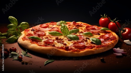 Delicious appetizing italian pizza on a dark background