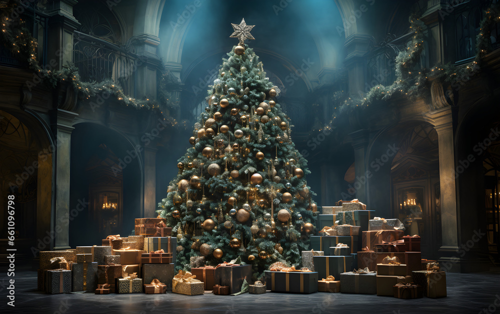 Sparkling Christmas Tree Surrounded by Festive Gifts