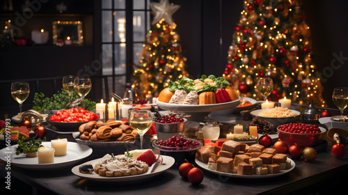 Festive Christmas dinner table with a bountiful spread of food and snacks, adorned by New Year's decorations and a vibrant Christmas tree