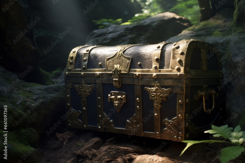 Treasure chest in the forest. Dark fantasy concept.