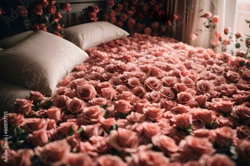 roses on a bed - Vibrant Crimson Blossom in Indoor Garden - Romantic suprise, roses on a bedroom coverd
