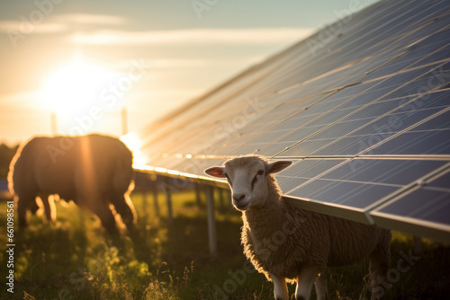 AI generative image of Sheep grazing next to the solar panel station in sunset photo