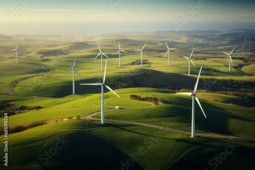 AI generative image of high angle view to the wind turbines farm in the meadow photo
