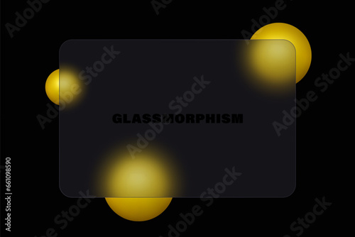 Horizontal black banner with glass overlay effect with 3D balls in glass morphism style.