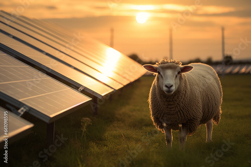 AI generative image of sheep grazing next to the solar panel station in sunset photo