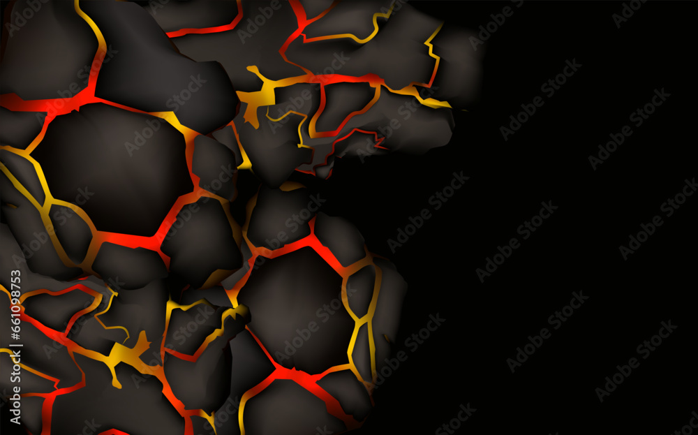 Stylized abstract background of volcano magma glow texture in cracking holes.Destroyed earth surface and flowing lava.Shine texture after an earthquake.
