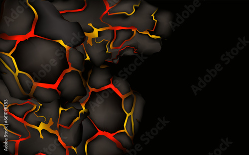 Stylized abstract background of volcano magma glow texture in cracking holes.Destroyed earth surface and flowing lava.Shine texture after an earthquake.