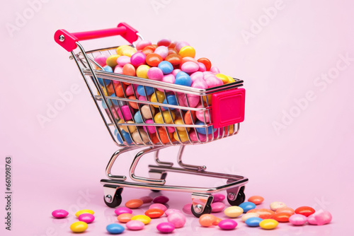 Generative AI illustration of composition of miniature shopping trolley cart with assorted multicolored sweets placed near fallen sweets on pink background photo