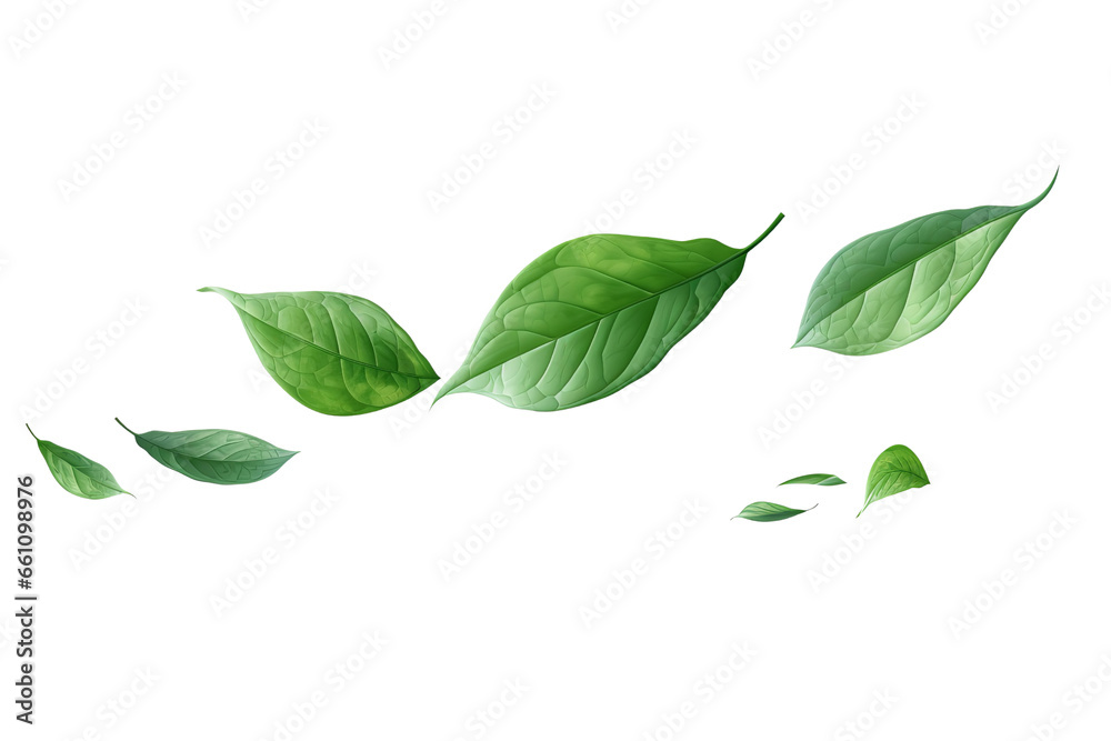 Flying green leaves in the air isolated on transparent background cutout PNG