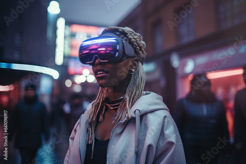 Generative AI image of serious black woman in vr glasses standing on street photo
