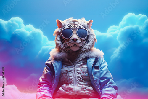 Generative AI illustration of stylish tiger in trendy sunglasses and outfit looking at camera against blue background photo