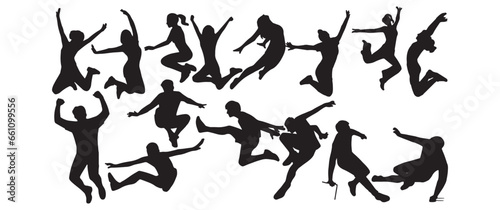 set of silhouettes of man and woman jumping. isolated on a transparent background. eps 10
