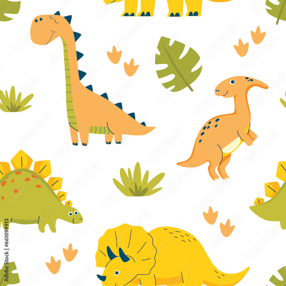 Fototapeta premium Children seamless pattern with Dino for fabrics, clothing, holidays, packaging paper, decoration. Vector illustration.