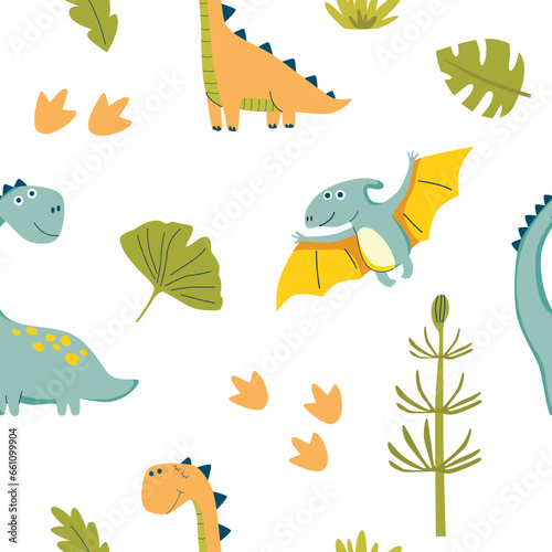 Fototapeta Naklejka Na Ścianę i Meble -  Children seamless pattern with Dino for fabrics, clothing, holidays, packaging paper, decoration. Vector illustration.