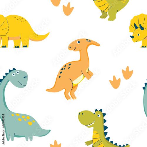Children seamless pattern with Dino for fabrics, clothing, holidays, packaging paper, decoration. Vector illustration.