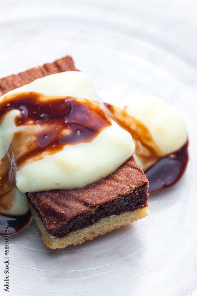 marble sponge cake with creamy custard sauce marble sponge cake with creamy custard sauce