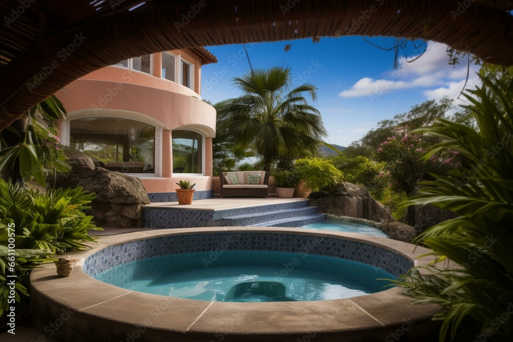 Fototapeta premium Relaxation in luxurious villa with swimming pool and spa. Generative AI