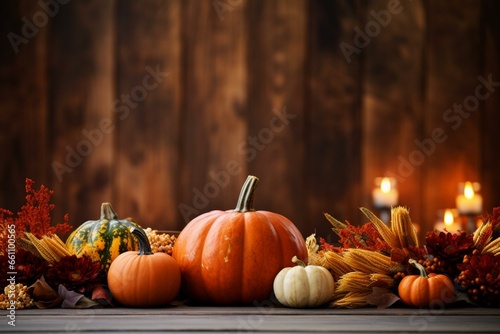 Autumn-inspired table setup featuring pumpkins on wooden surface and orange backdrop. Ideal for Thanksgiving or harvest season. Generative AI