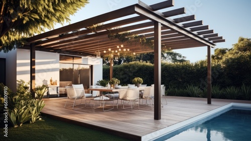 Teak wooden deck with decor furniture and ambient lighting. Side view of garden pergola with gas grill at twilight