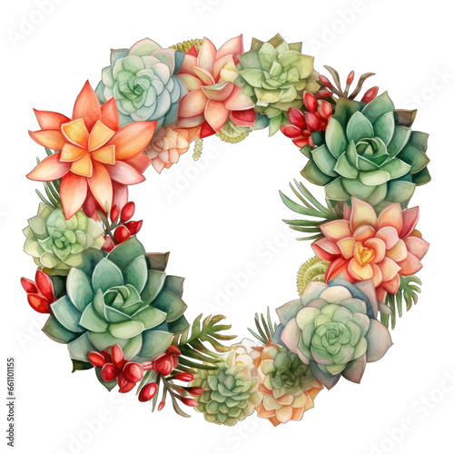 Cactus christmas wreath with succulennts, isolated on white background, transparent