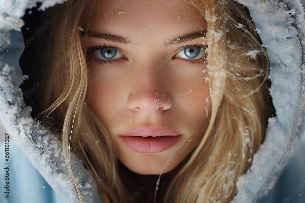 Winter Wonder, Serene Blond Beauty in Hoodie gazes into the Snowy Day Winter Wonder, Serene Blond Beauty in Hoodie gazes into the Snowy Day