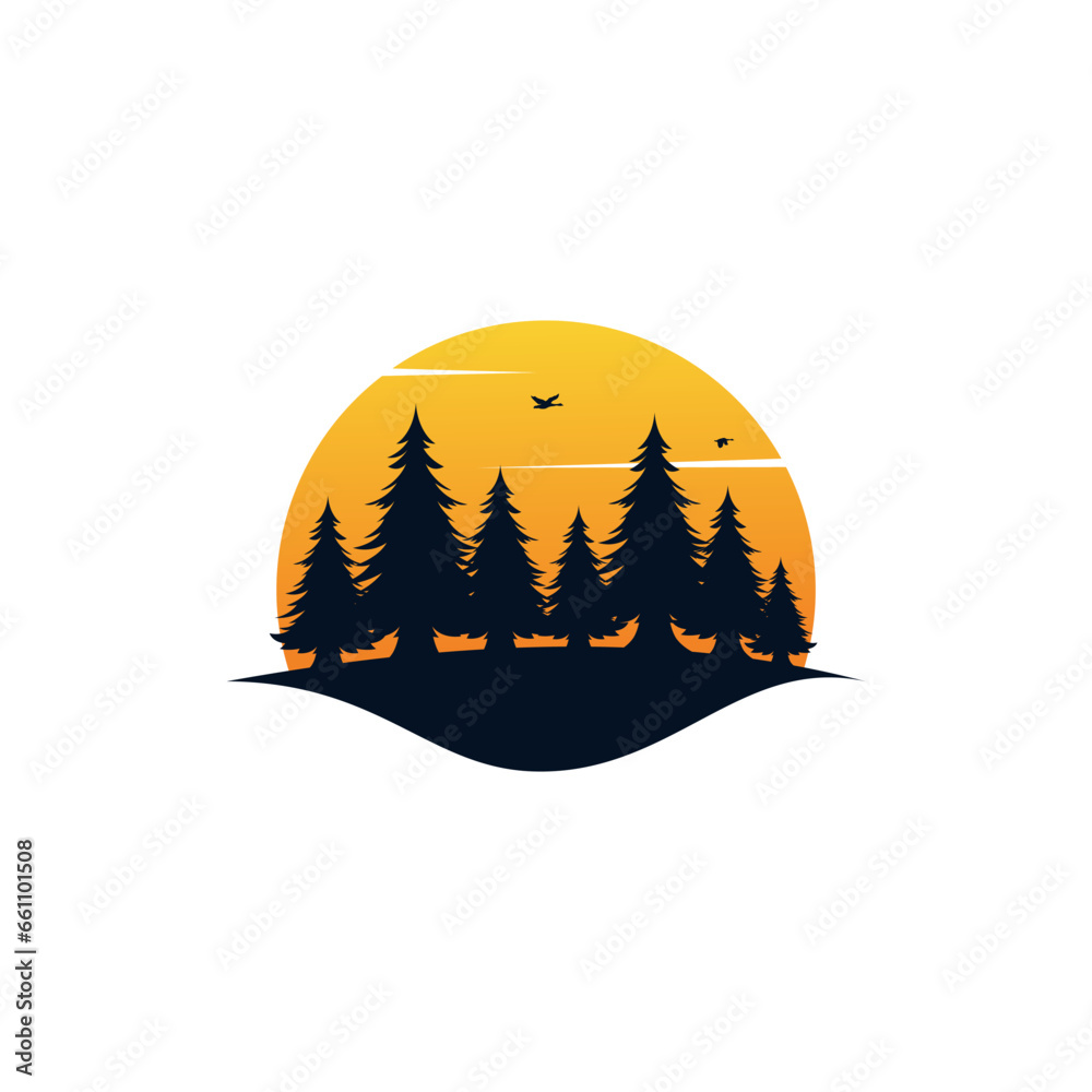 Pine tree logo with sunset vector emblem illustration design