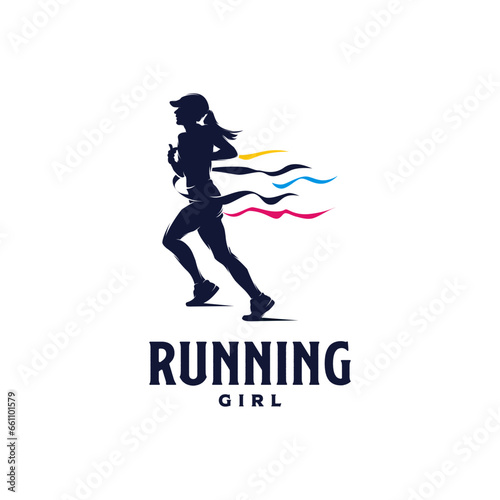 Silhouette running girl logo design template