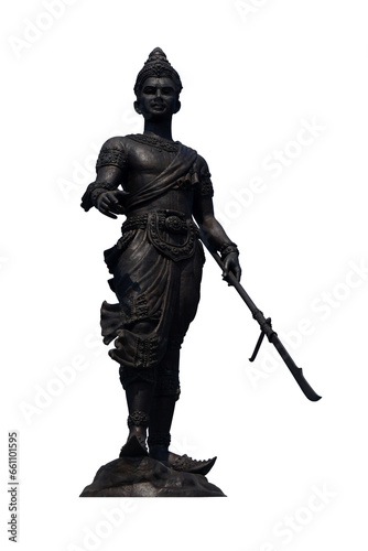 Cut out metal statue of King Ram Khamhaeng the Great isolated on white background. Ancient emperor of Siam.	 photo