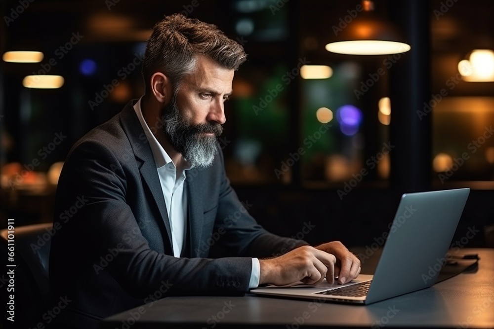 Happy male entrepreneur working on a laptop in the cafe