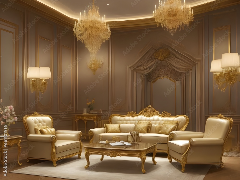 Fototapeta premium Design furniture with golden elements in luxury room interior design
