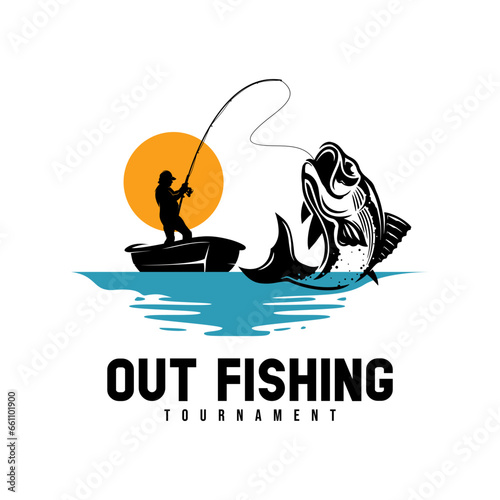 fishing logo icon vector, outdoor sunset silhouette