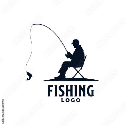 Fisherman sitting on chair holding fishing rod silhouette logo