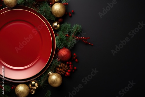 Red cutlery service on a black background, with classic decorations for the Christmas eve dinner photo