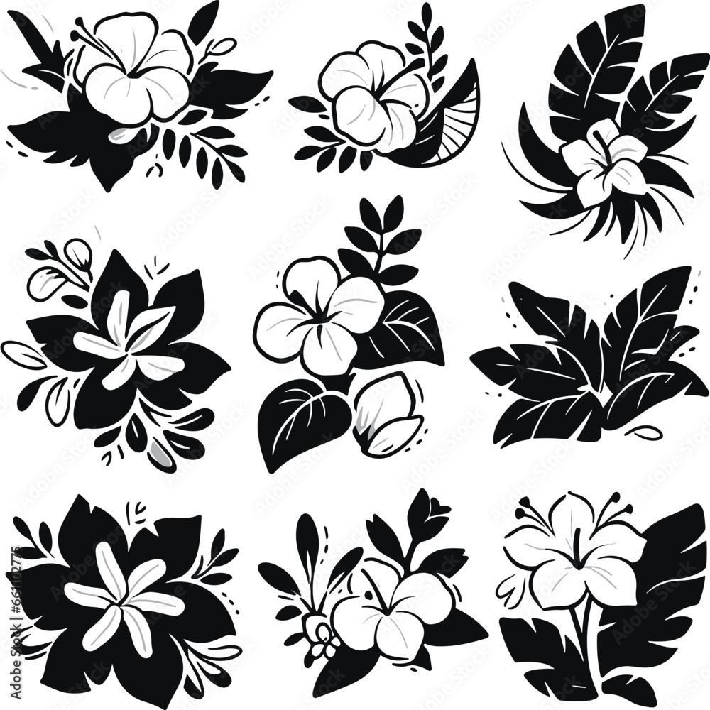 set of tropical floral leaf flower illustration aloha vector plant Hawaii hibiscus blossom