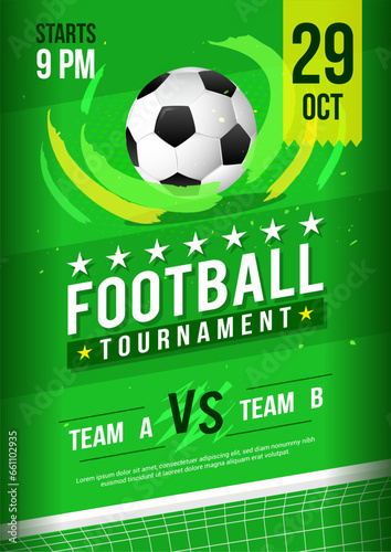 Football tournament poster vector illustration. Ball in football pitch.